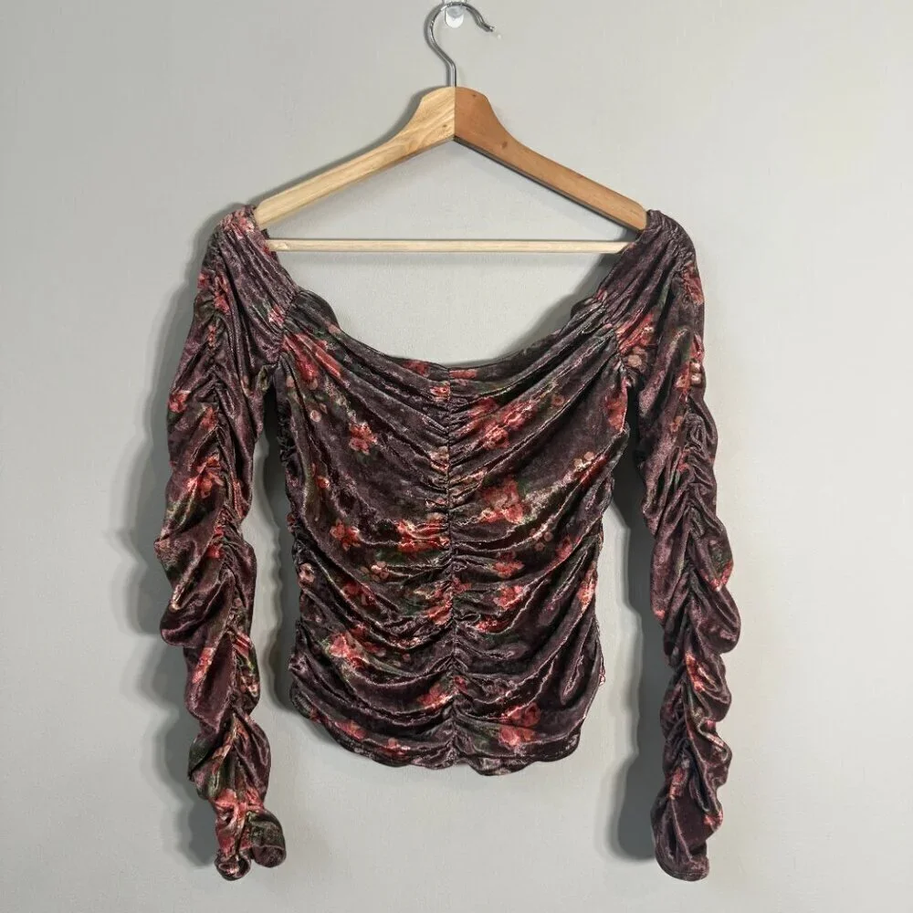 Free People Reina Floral Velvet Off the Shoulder Top Women's Small Brown Ruched